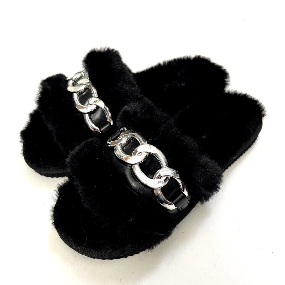 NWOB MICHAEL KORS Scarlett Chain Link Faux Fur Slide Sandal Black Fuzzy Furry - Picture 3 of 10